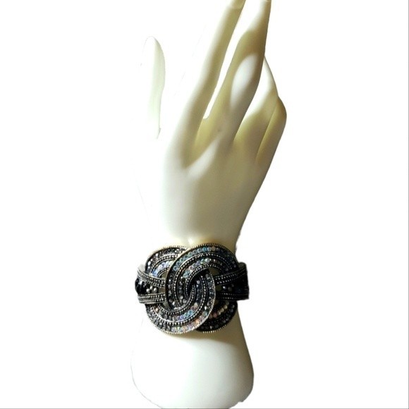 Jewelry - Super Glam Art Deco Style Bangle Bracelet Rhinestone Cuff Gunmetal Grey Silver